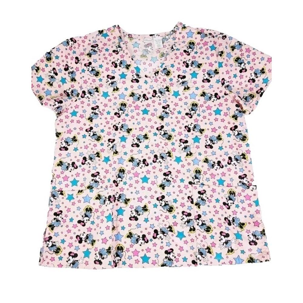 Disney Minnie Mouse Scrub Top Women's Pink Short Sleeve Pockets size small